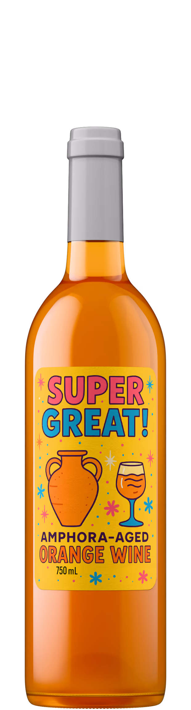 Bottle of amber orange wine with a gray screw cap and the Super Great! Amphora-Aged Orange Wine label, a wine bottle shot from Outshinery Lite