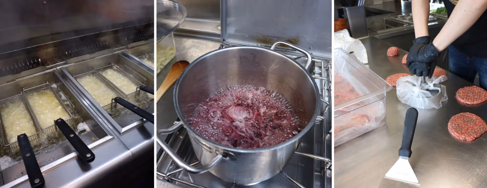 cuisson frite confit oignons patty viande burger chef cuisine