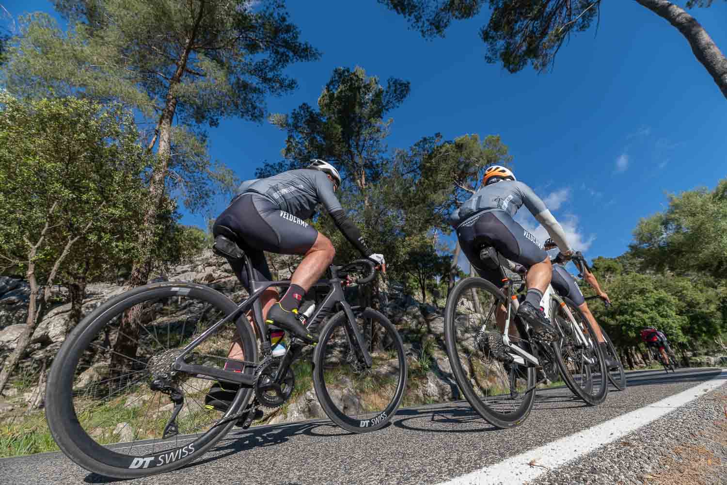 Close up of bike wheels passing