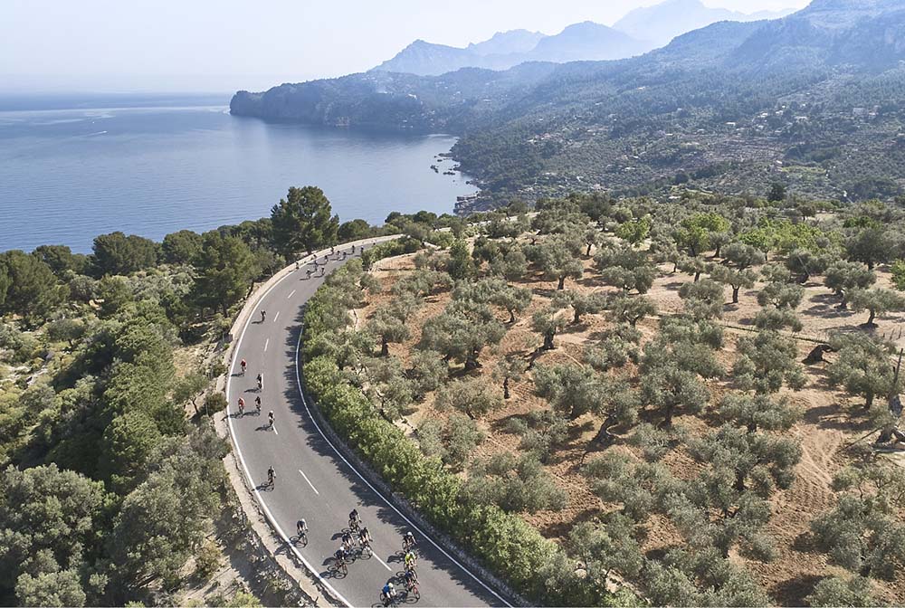 The MA-10 coastal road near Estellencs with the Mediterranean far below and the Tramuntana cliffs rising above