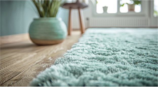Colorful area rug layered over hardwood floor in living space
