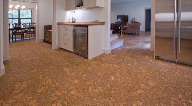 Cork tile flooring installed in cozy home offic