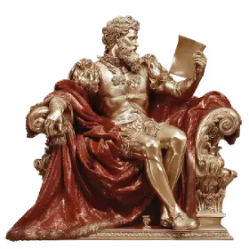 Golden statue of a bearded man sitting on an ornate armchair draped with a red cloth, reading a document.