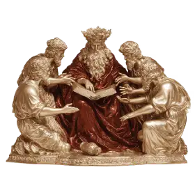 Golden and bronze statue of a kingly figure in red robes reading a large book surrounded by four kneeling men.