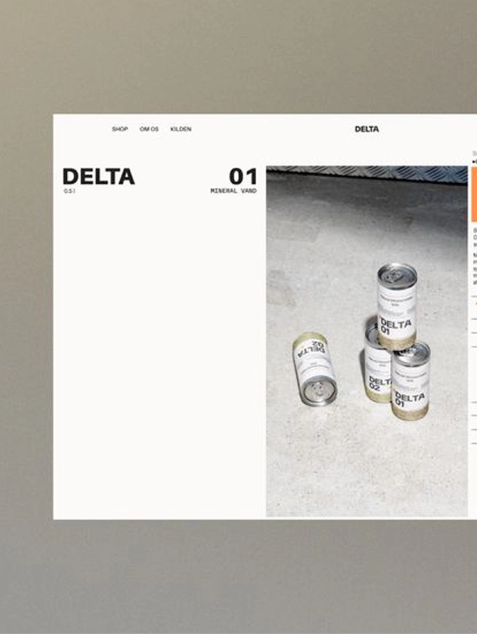 Minimalist product display of four stacked canned beverages labeled 'DELTA 01' and 'DELTA 02' on a concrete surface, with a white background and black text reading 'DELTA' and 'MINERAL VAND'.
