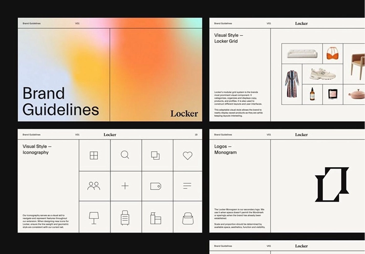 Brand guidelines for Locker featuring a gradient cover, locker grid with product images, iconography set of simple line icons, and a monogram logo on a white background.