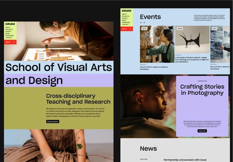Website homepage for School of Visual Arts and Design with sections on cross-disciplinary teaching, research, upcoming events, and a feature on crafting stories in photography.