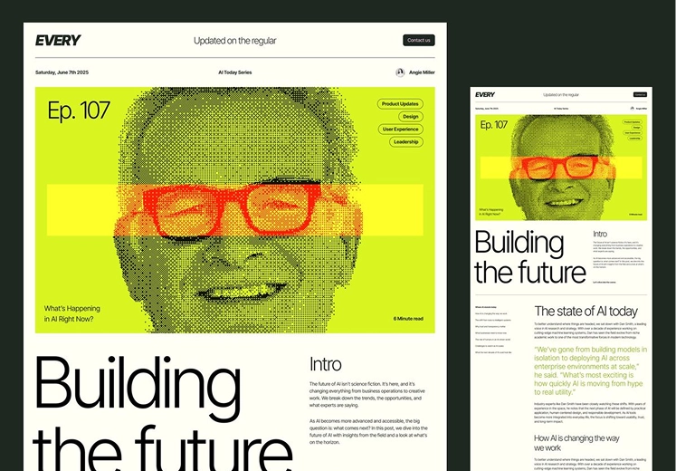 Webpage titled 'Building the future' featuring a halftone portrait of a smiling man with red glasses, highlighting AI topics and episode 107.