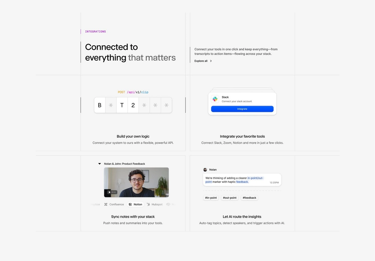 Webpage section showing integrations features: API code snippet, Slack integration button, video of a man for product feedback, and AI-generated transcript with tags #in-point, #out-point, #feedback.