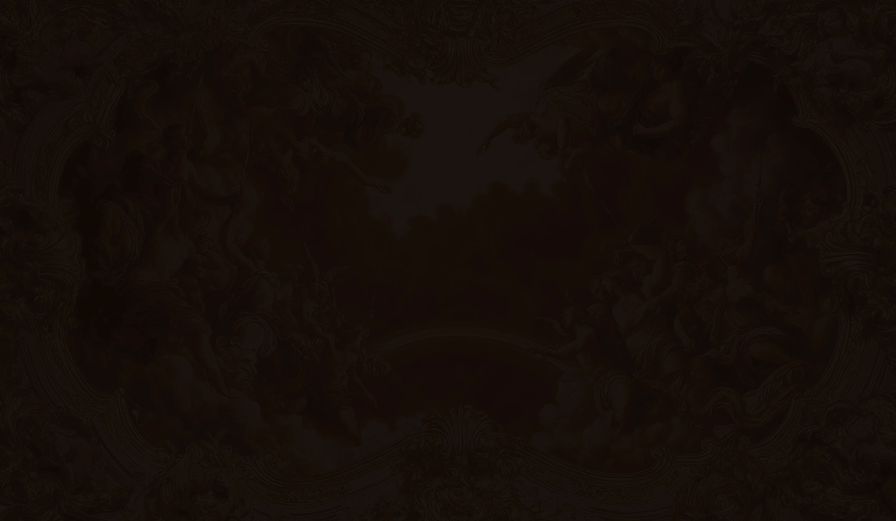 Ceiling fresco depicting numerous angelic and human figures in clouds, with ornate decorative borders.