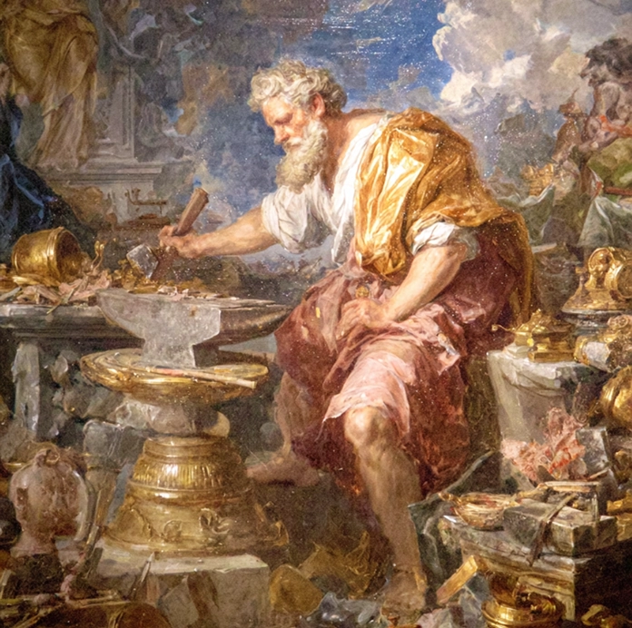 Classical painting of an elderly bearded man working as a blacksmith amid various metal tools and golden objects.