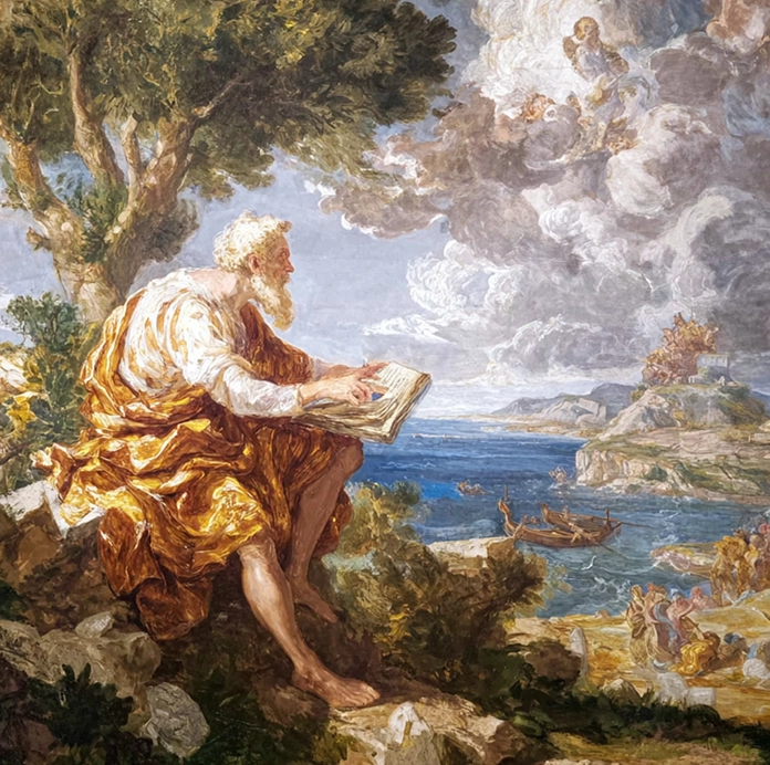 Baroque-style painting of an elderly man in golden robes reading a book seated on a rocky cliff overlooking a sea with boats and distant hills, with a dramatic cloudy sky.