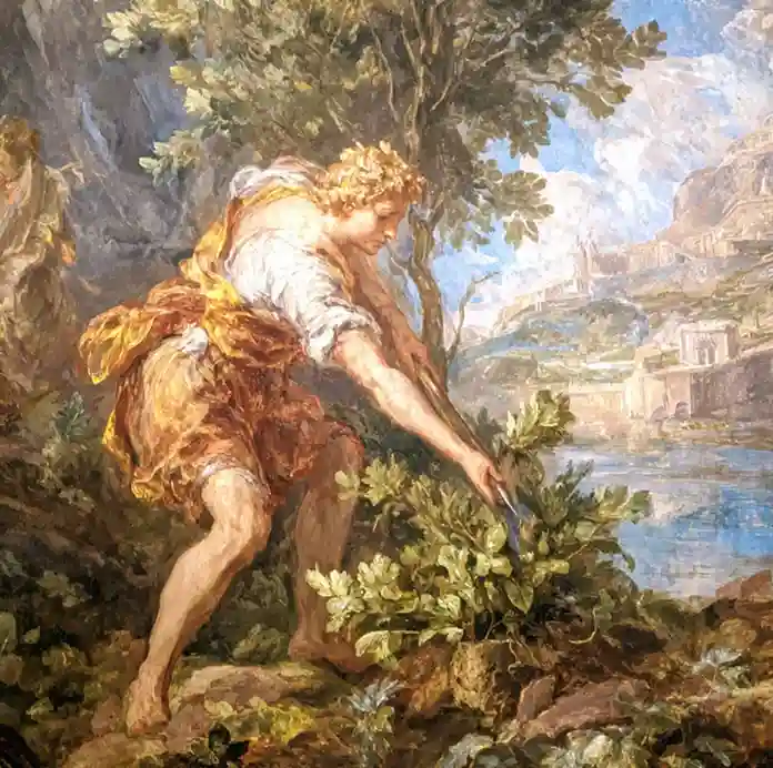 Classical painting of a barefoot man with curly hair and a golden robe harvesting plants near a river with mountains in the background.