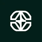 Abstract symmetrical white geometric logo on dark background.