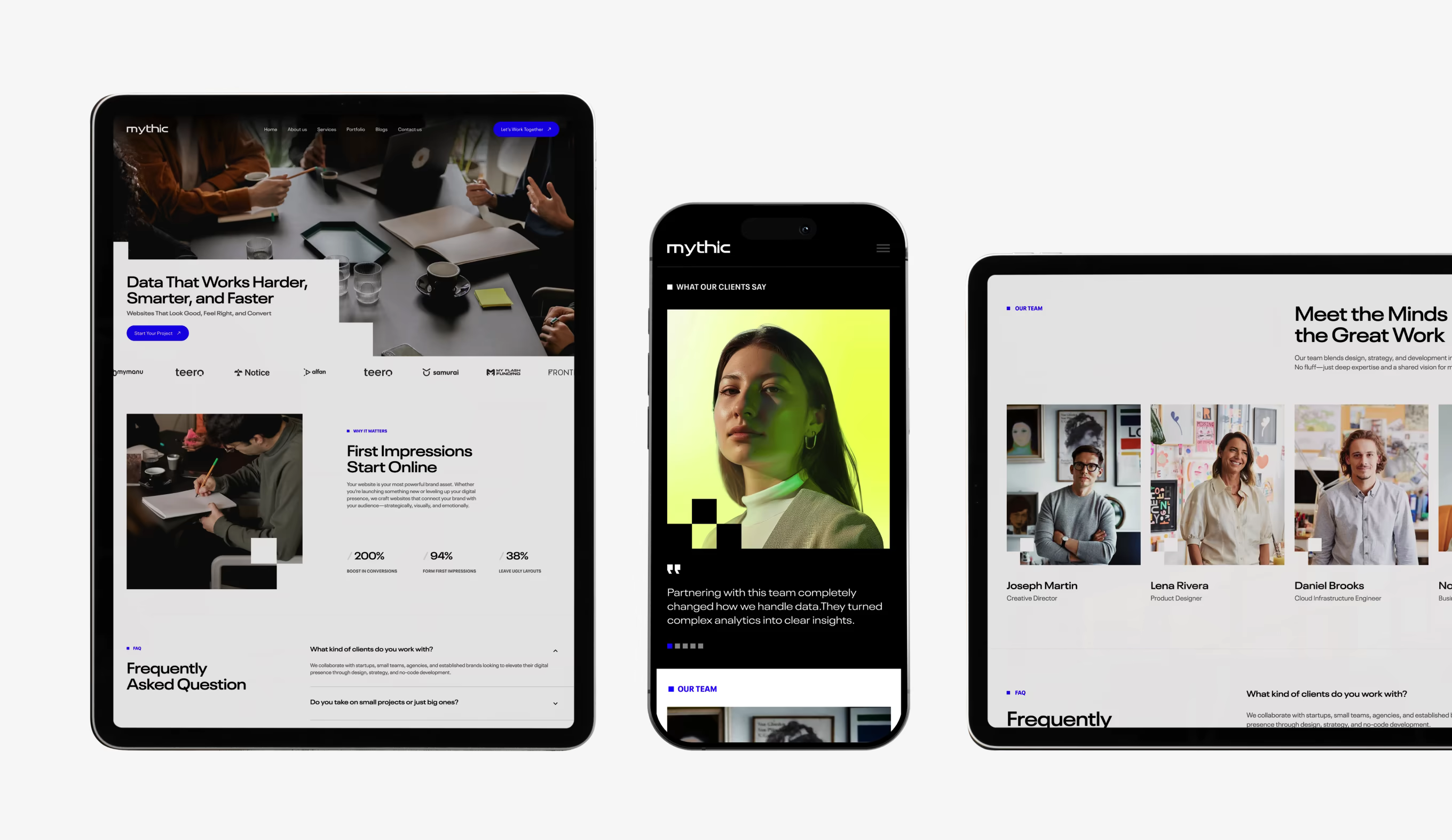 Three devices displaying a website: a tablet shows a page about data-driven websites, a phone shows a testimonial with a woman's portrait, and another tablet shows a team introduction with photos and names.