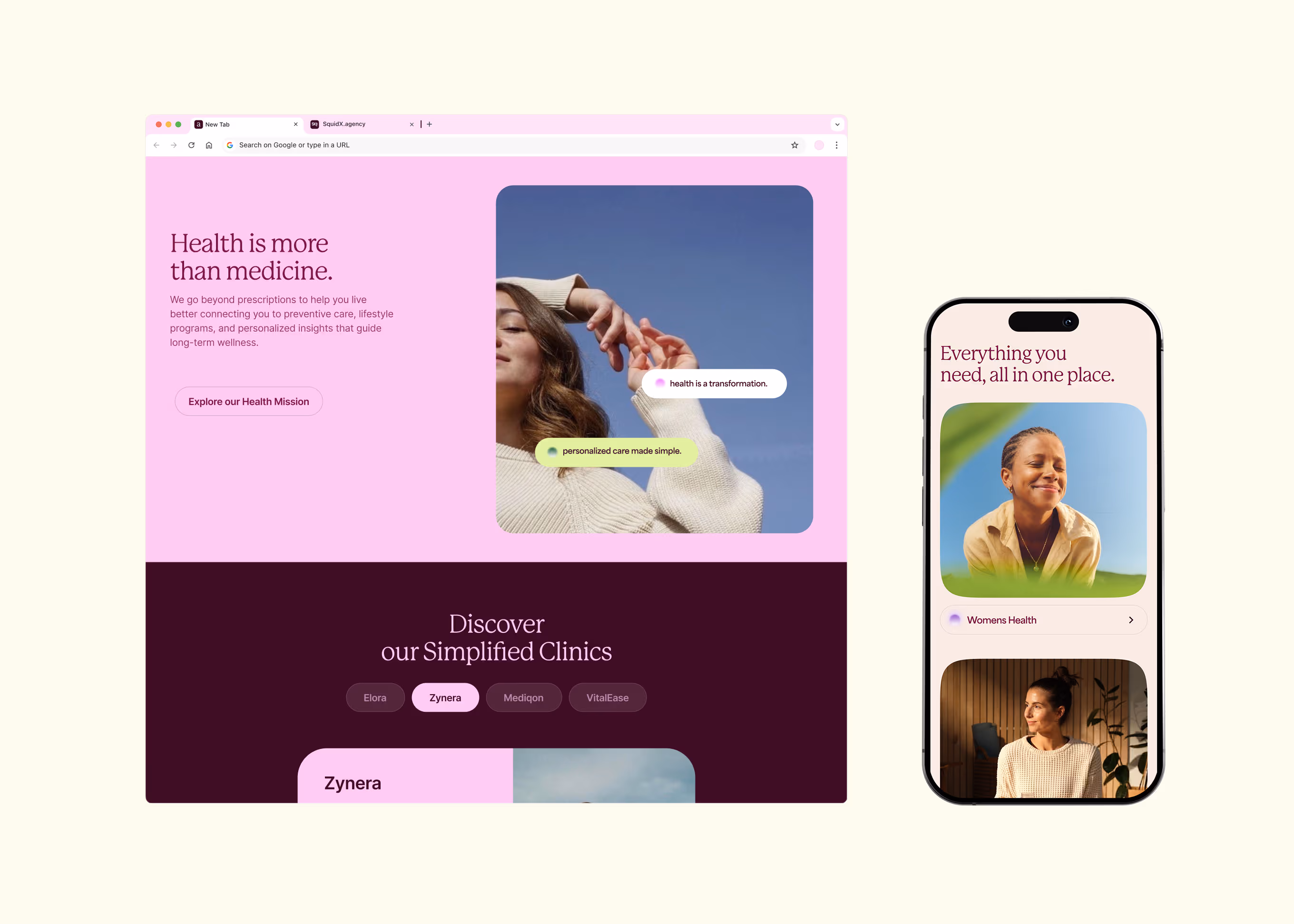 Website and mobile interface showcasing health services with messaging like 'Health is more than medicine' and 'Everything you need, all in one place', featuring smiling people.