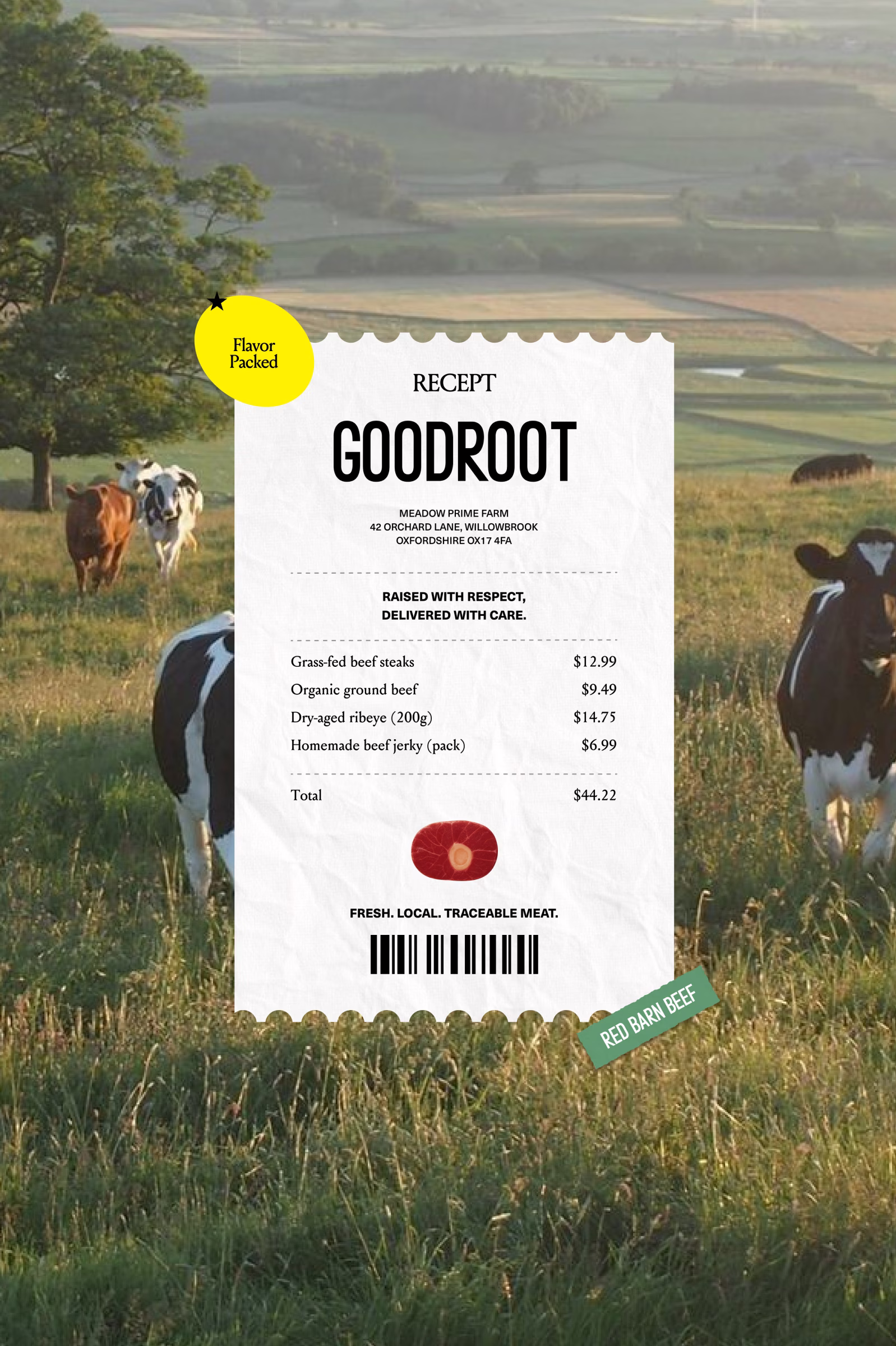 Good Root receipt-style poster over a cattle pasture
