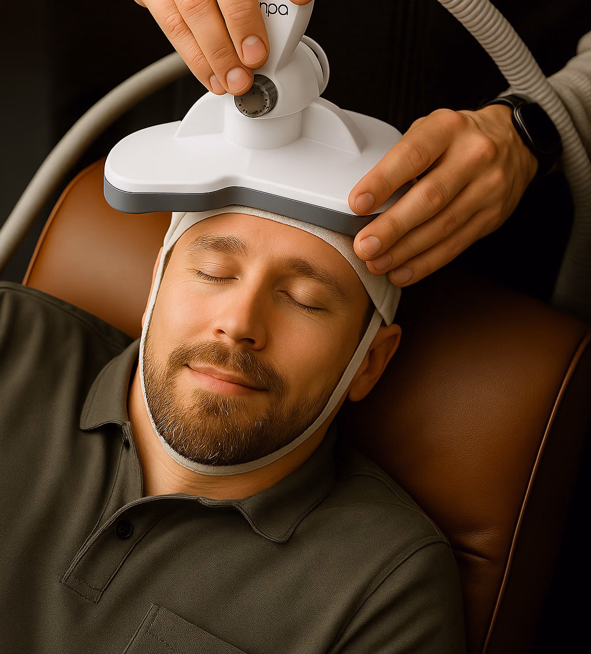 Man relaxing with eyes closed while a technician adjusts a medical device on his head.