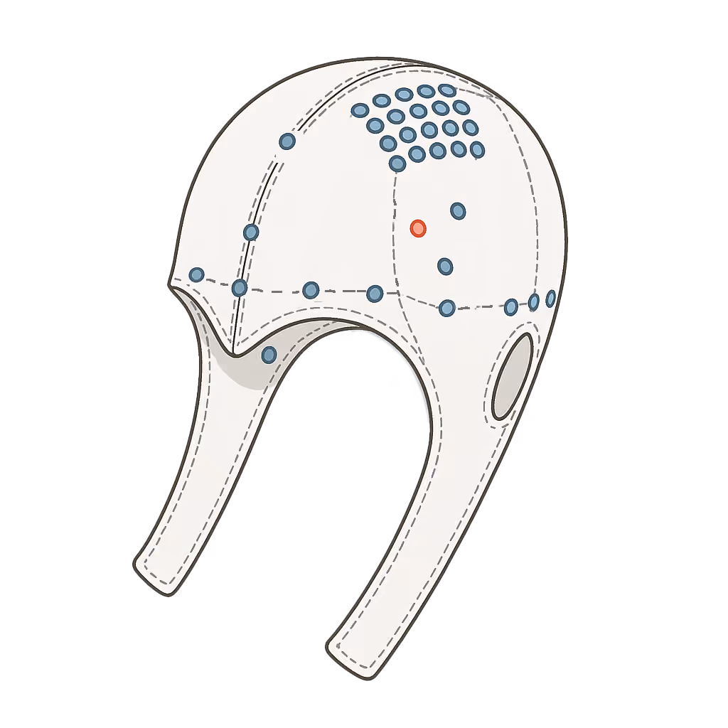 Diagram of a white EEG cap with blue and one red electrode points and stitching details.