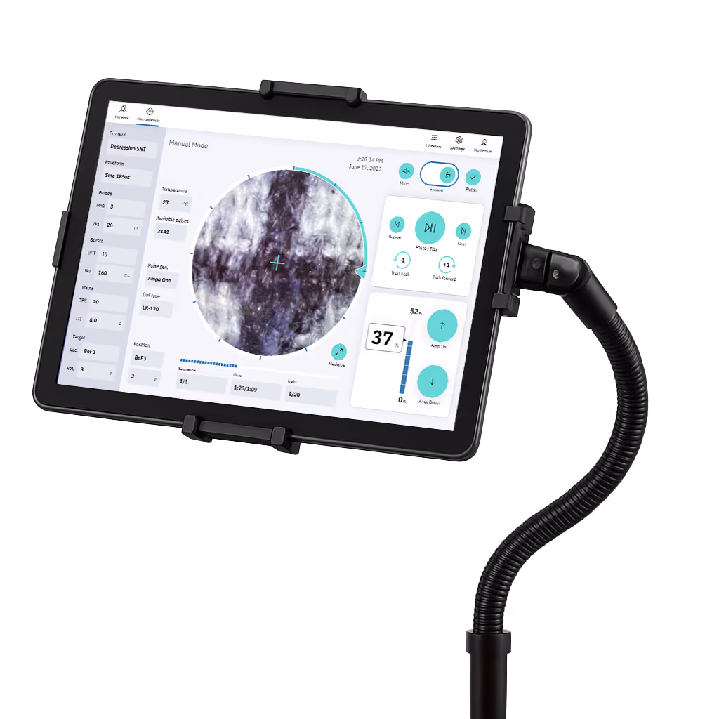 Tablet mounted on flexible arm displaying a medical interface with a zoomed-in scan image and control buttons.