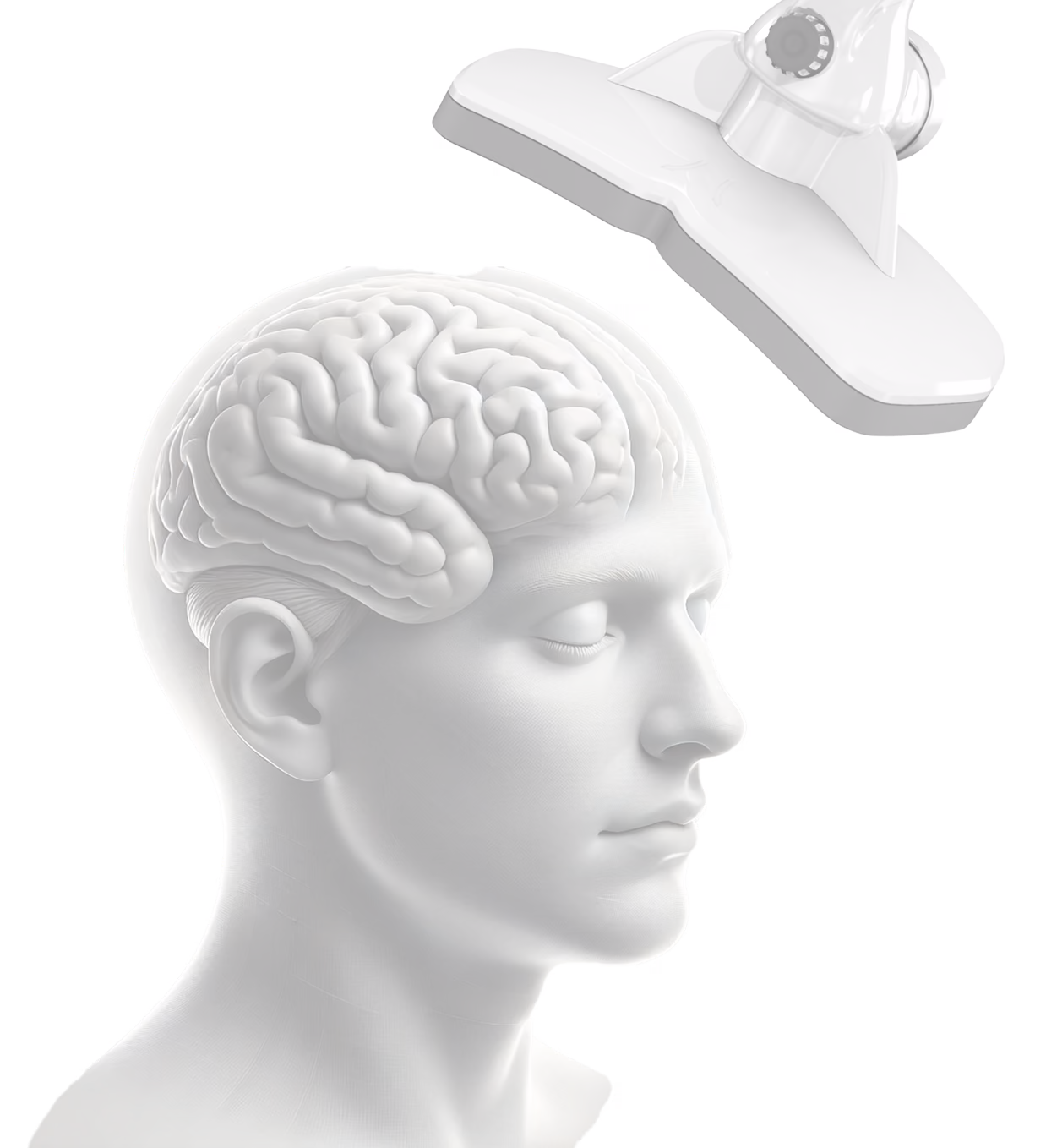 3D illustration of a human head with brain exposed and a device above it.