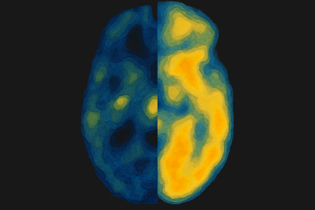 Heat map showing brain activity with low activity in blue and high activity in yellow on right side.