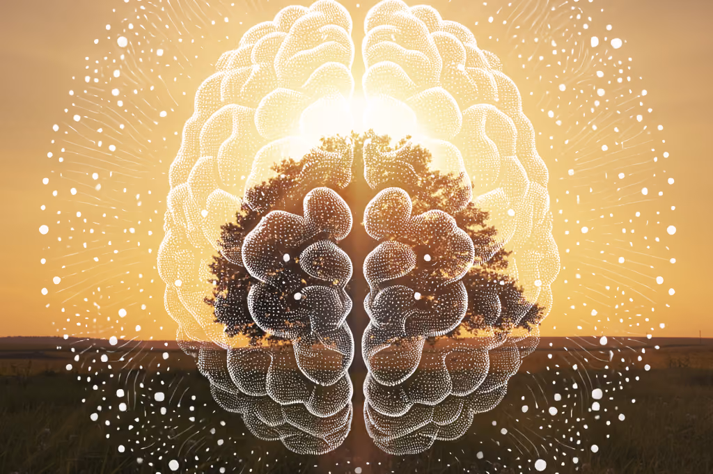 Double exposure of a tree in a field at sunset overlaid with a glowing brain illustration.