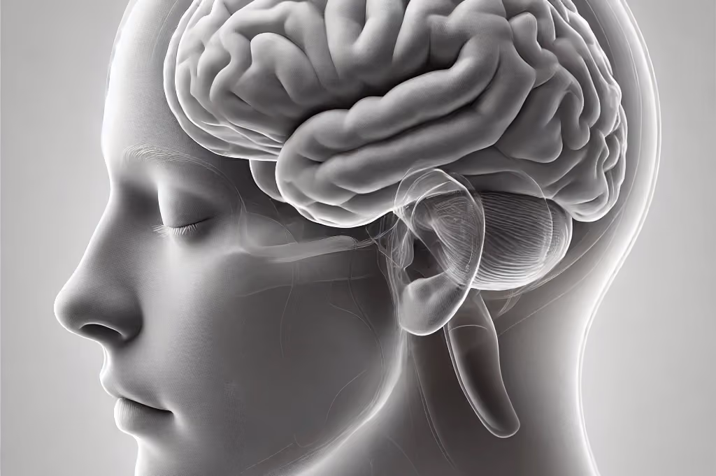 Side profile of a human head showing brain inside with details of folds and ear anatomy.