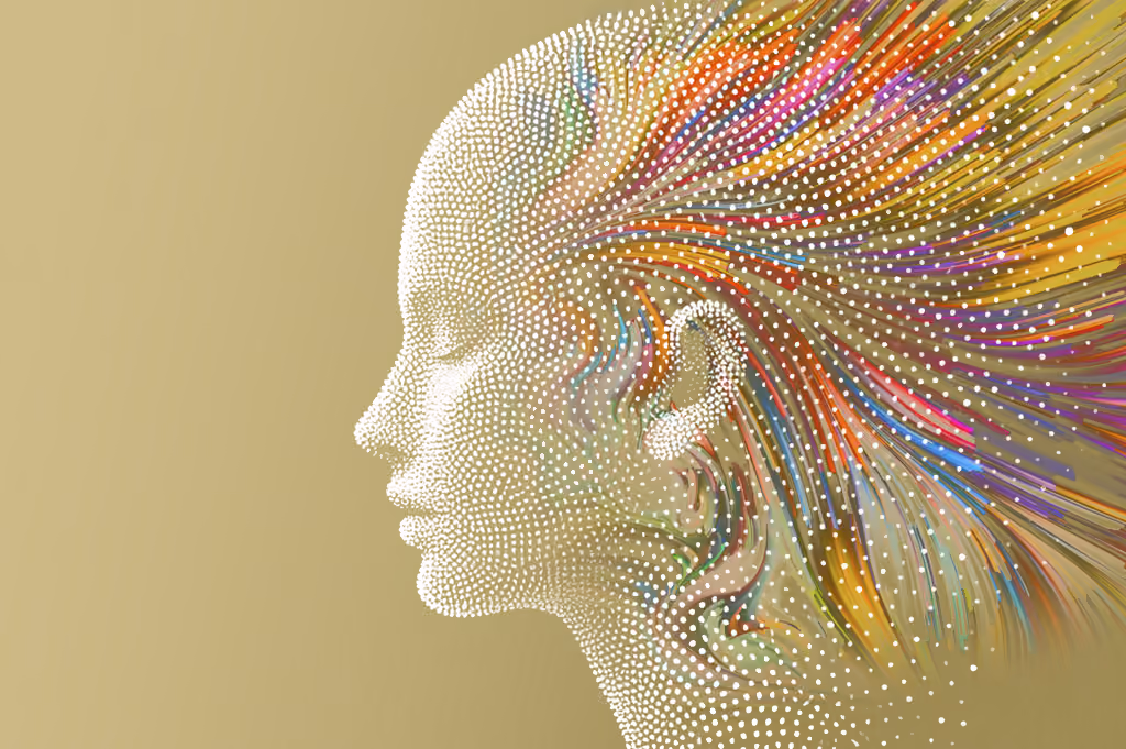 Side profile of a human face made of white dots with colorful streaks flowing from the head.