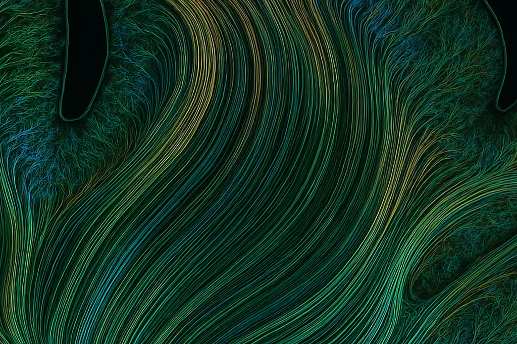 Close-up of textured green and yellow swirling lines resembling plant fibers or microscopic structure.