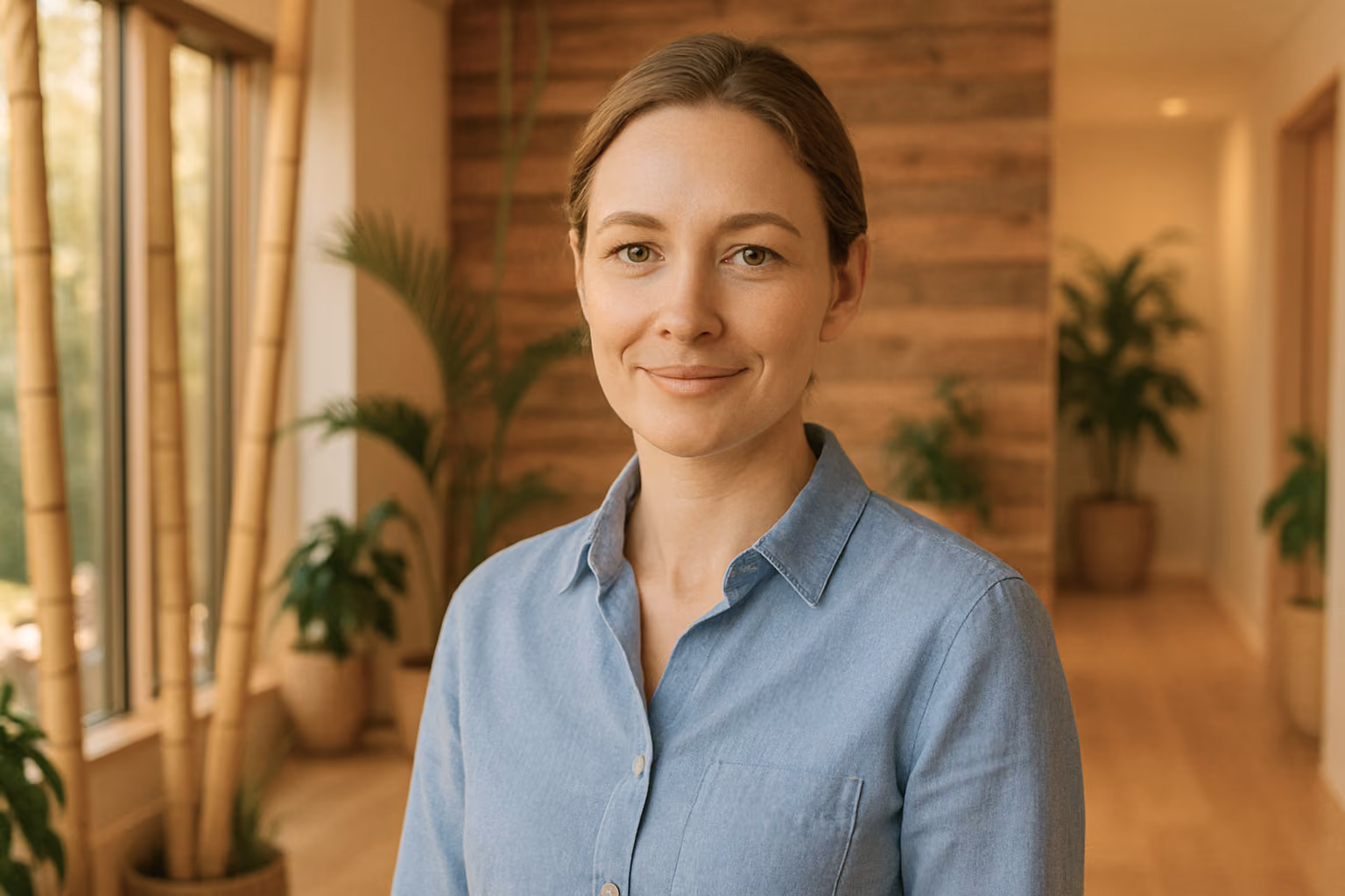 Smiling woman with blond hair in a light blue shirt in a warm room with plants and wooden walls.