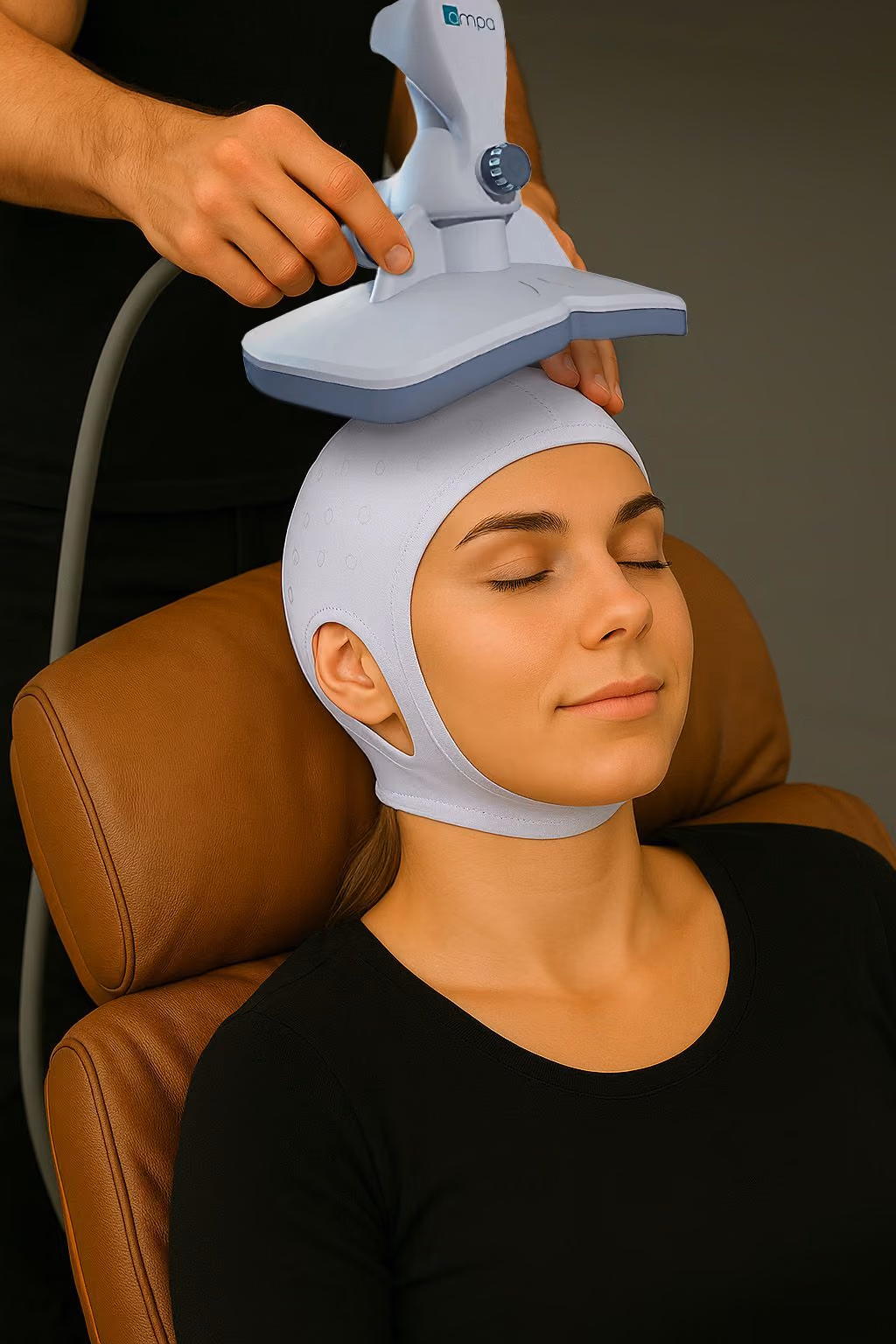 Woman reclining with eyes closed wearing a white cap while receiving a scalp treatment with a device.