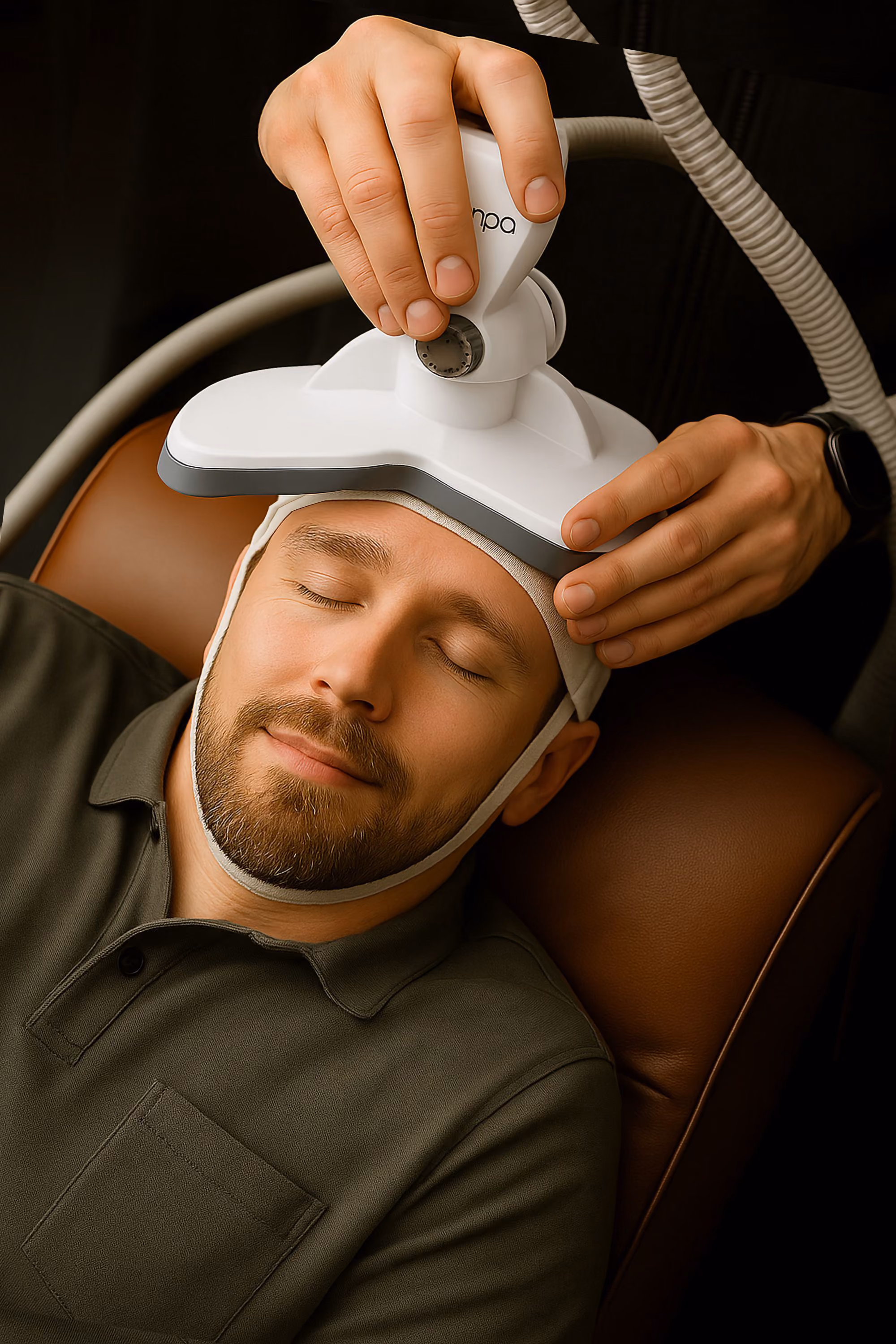 Man with eyes closed receives head treatment with a white device held by a practitioner.