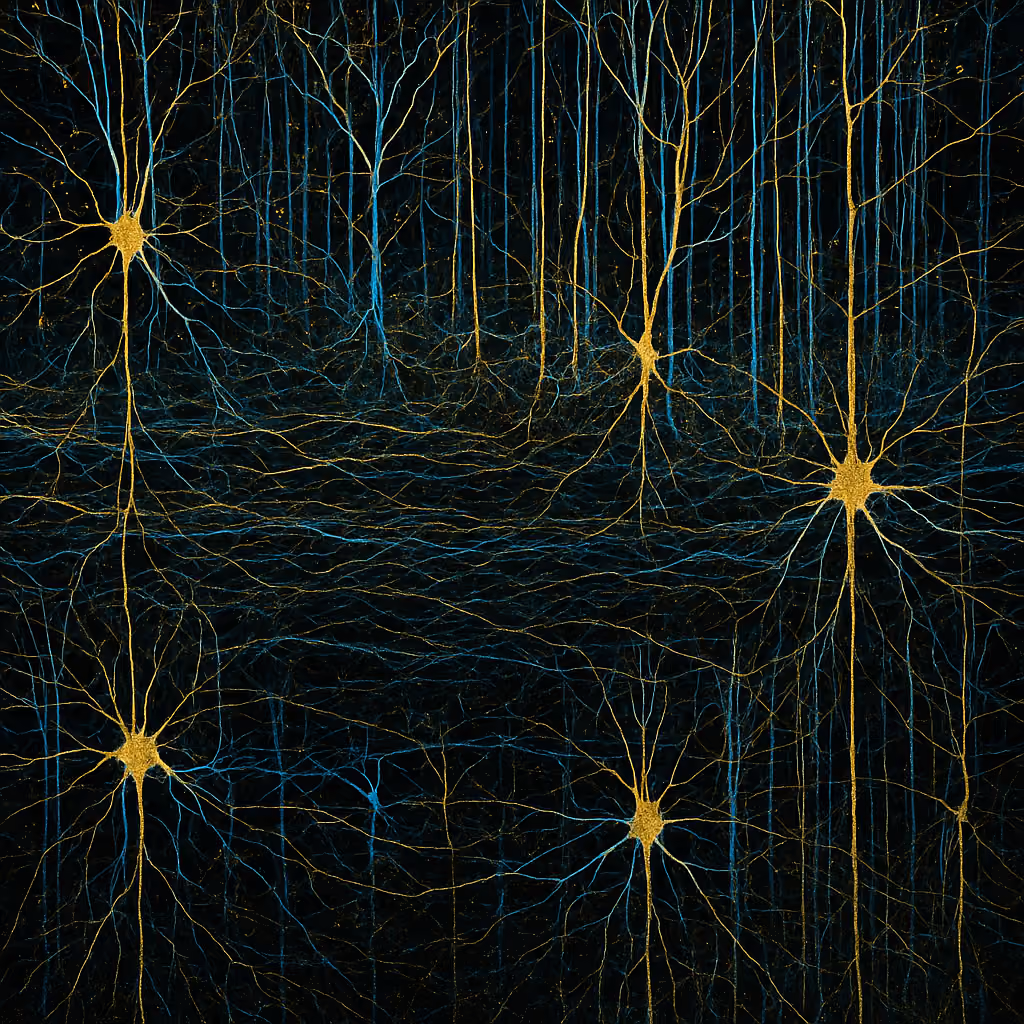 Illustration of interconnected neuron cells with branching dendrites in blue and gold on black background.