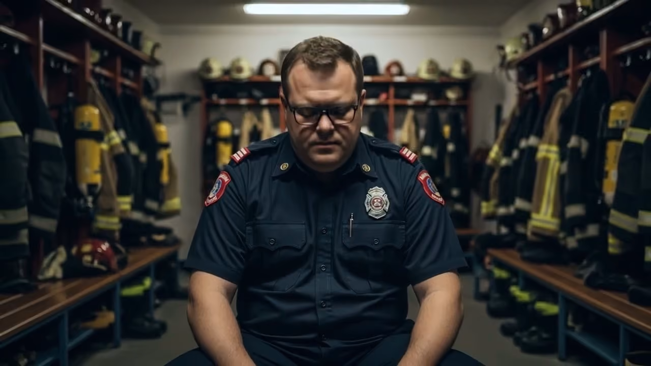 Firefighter in uniform sitting with head bowed in a locker room filled with gear and helmets.
