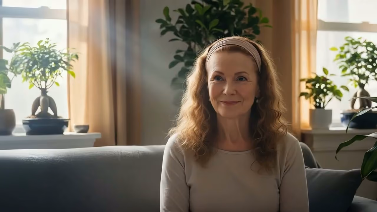 Smiling woman with curly hair and headband sitting on a grey couch in a bright room with plants.