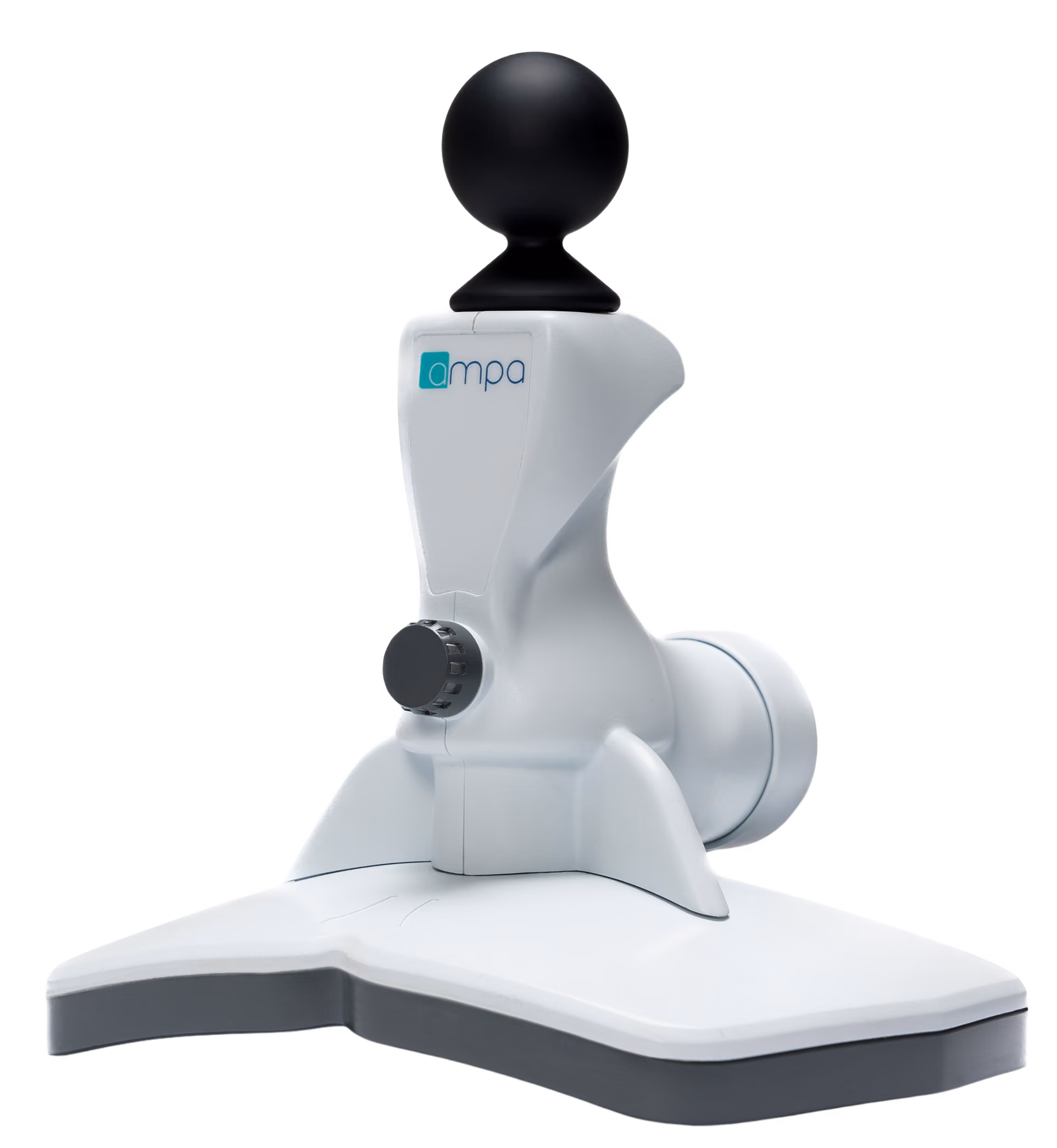 White and gray medical device with a rounded black knob on top and a black control dial on the front.