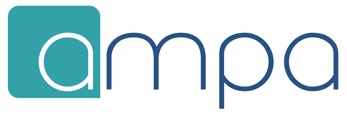 Logo with lowercase letters 'ampa' and a teal square behind the first letter.