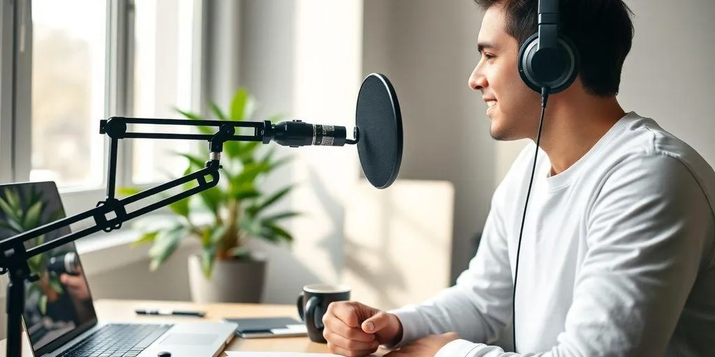 Man at laptop with microphone