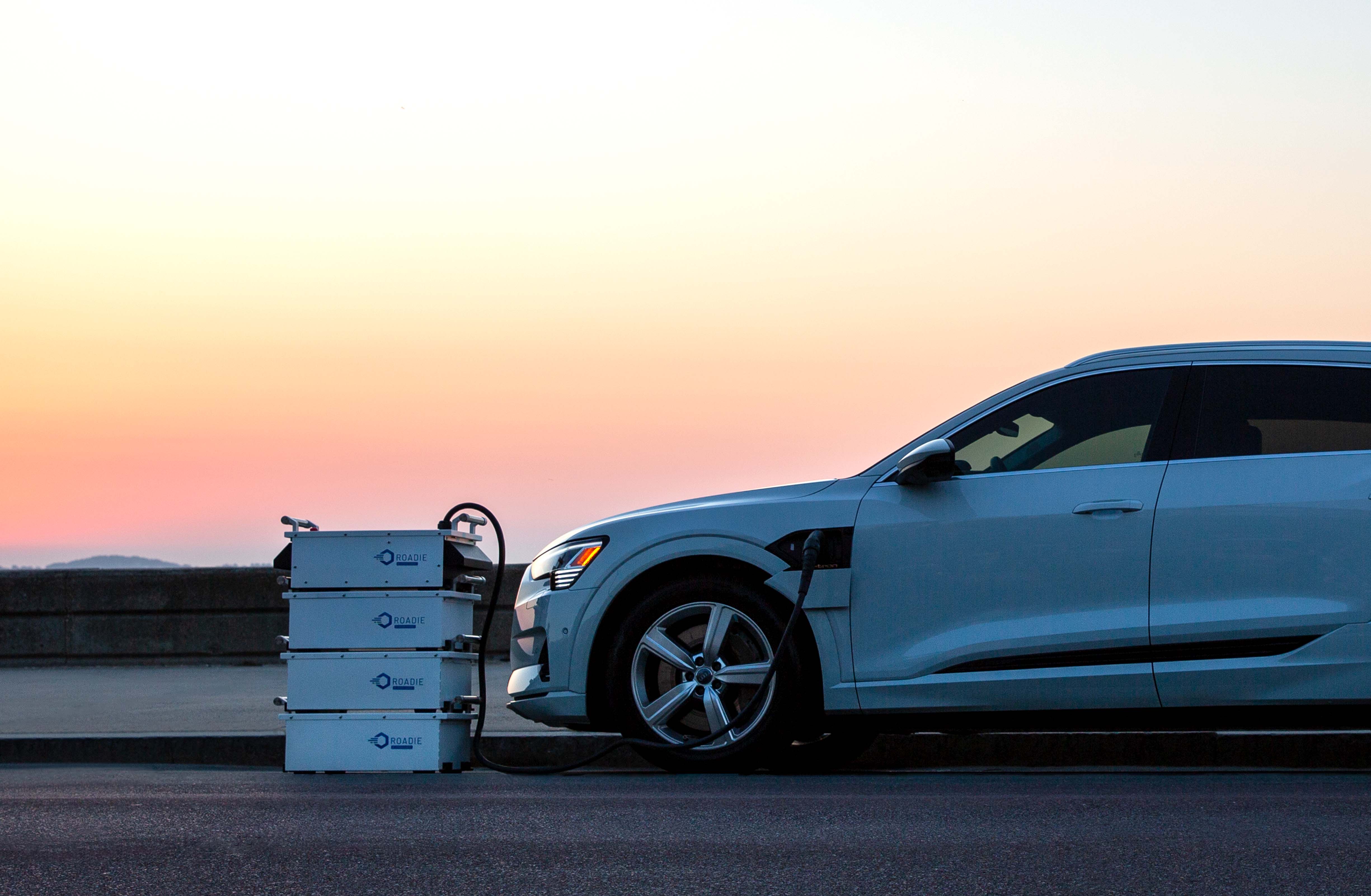 SparkCharge mobile EV charging technician providing battery powered DCFC (Level 3 EV Charging) to a Rivian R1T