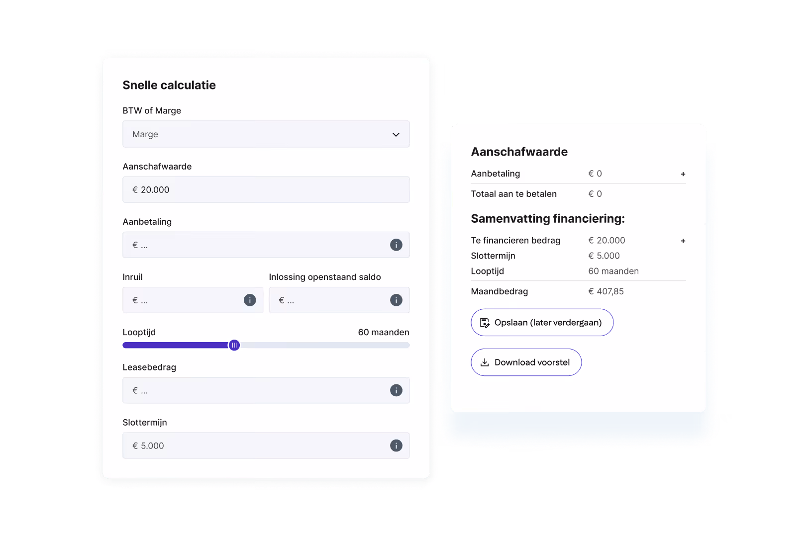 Calculator Module - Overzicht voor financial lease-voorstel