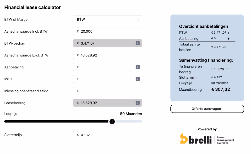 Bereken direct uw financial lease met onze slimme calculator