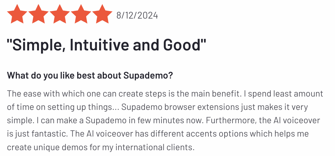 A G2 review of Supademo that says it's a simple, intuitive tool