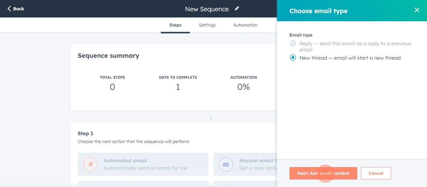 5 Click on "Next: Add email content"