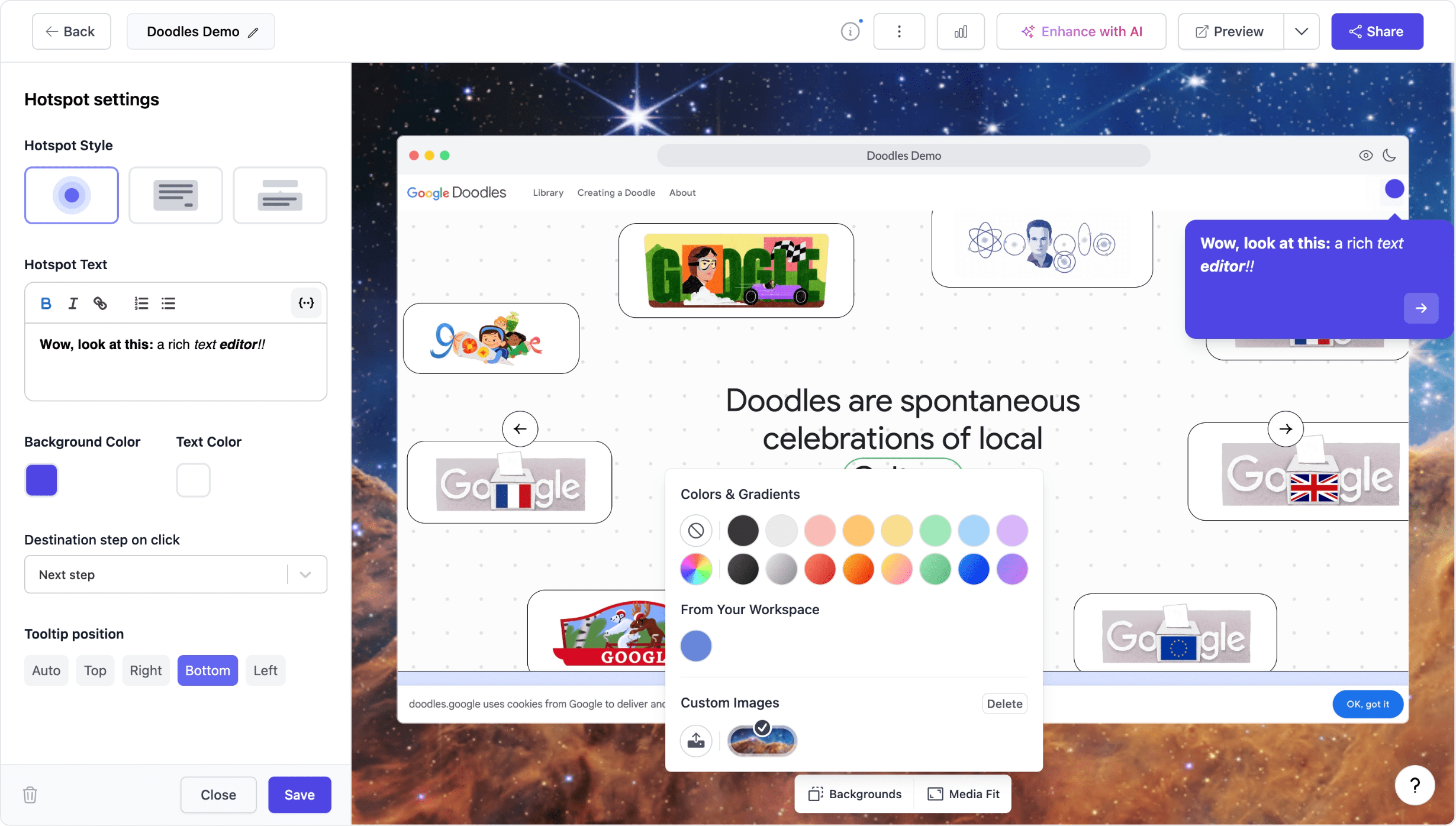 Example of custom backgrounds and rich editor