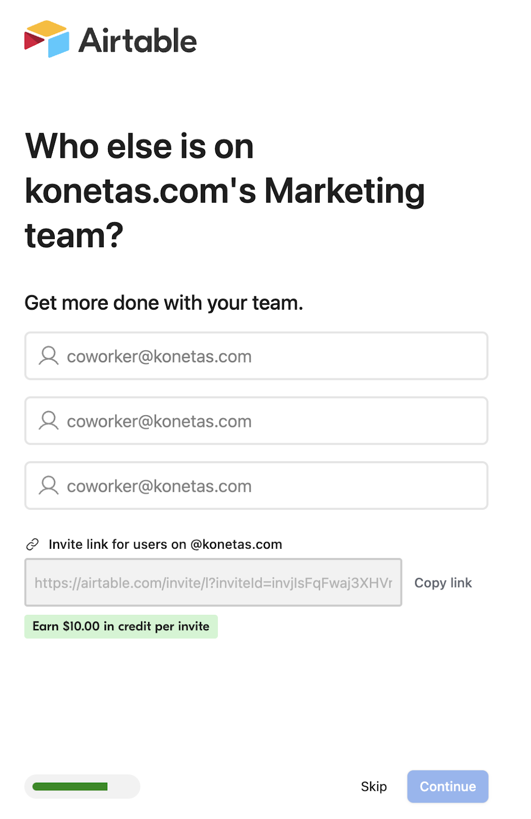 Screenshot of Airtable's team invite page during signup.