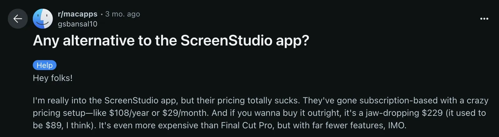 A screenshot of a Screen Studio asking for alternatives because