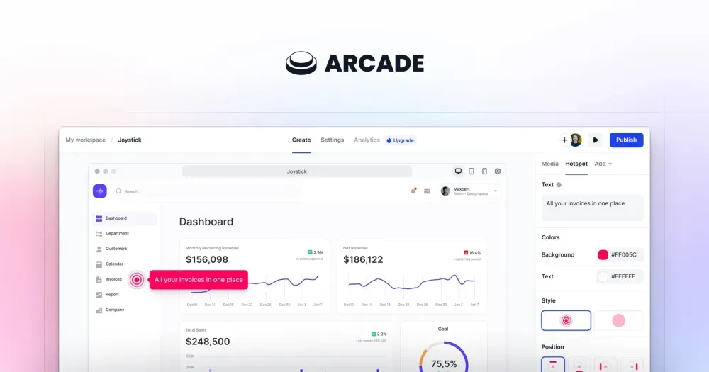 Arcade Software demo editor interface with customization tools, hotspot placement, and branding options.