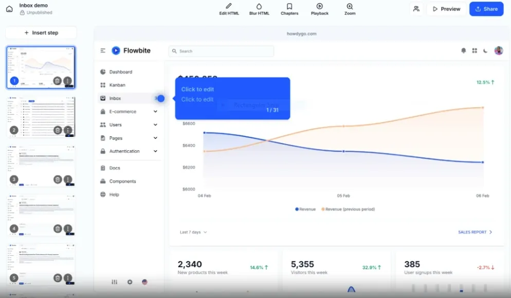 HowdyGo demo editor interface showing step-by-step navigation, HTML editing, blur tool, and preview options for an interactive demo.