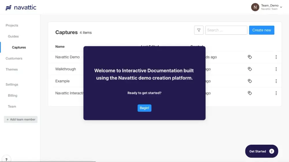 Navattic interface with a pop-up welcome message for interactive documentation and a 